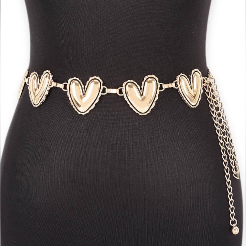 Gold or Silver Puffed Heart Link Chain Statement Belt - Women's Accessory